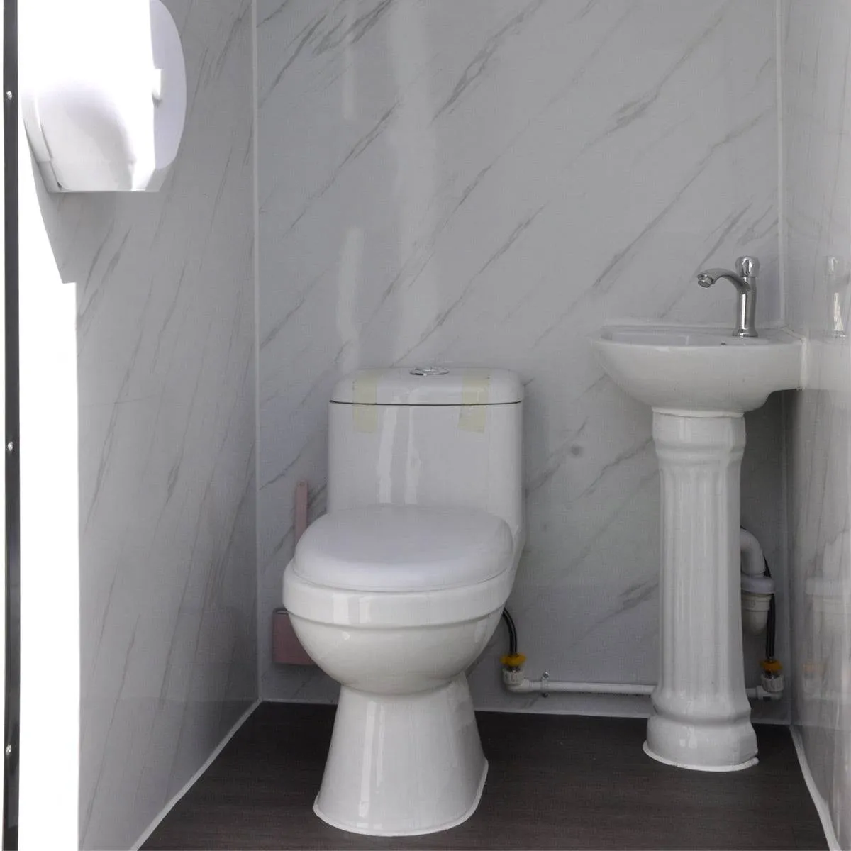 TMG Industrial 4’ Single Person Mobile Toilet, Ceramic Toilet, Triangular Wash Basin, Exhaust Fan, PVC Wood Grain Floor, TMG-STS04