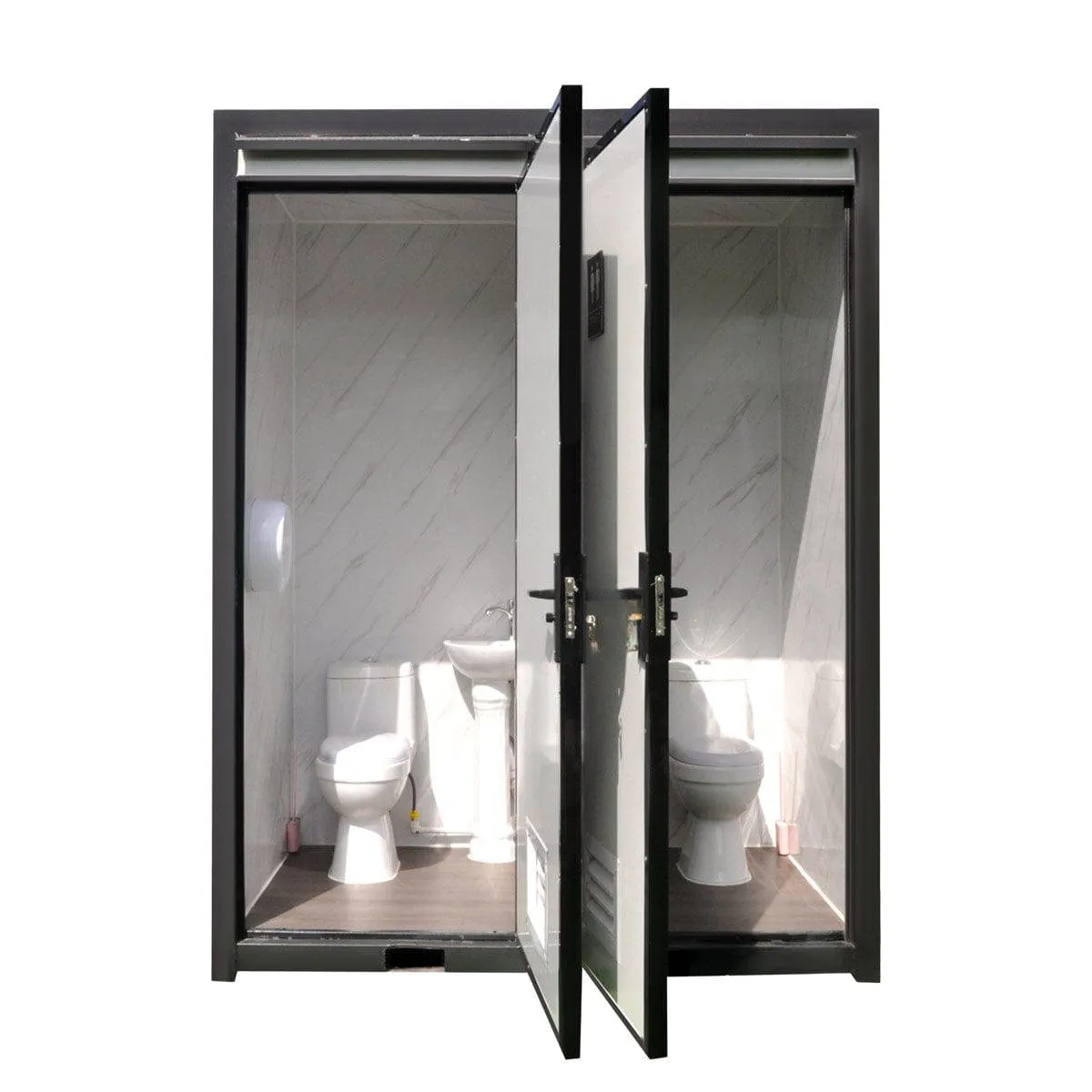 TMG Industrial 7’ Two Person Mobile Toilet, Ceramic Toilet, Triangular Wash Basin, Exhaust Fans, PVC Wood Grain Floor, TMG-STD07